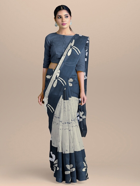 BharatSthali Navy Blue & Sea Green Floral Pure Cotton Block Print Saree