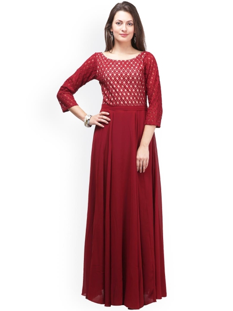 Women Maroon Lace Maxi Dress