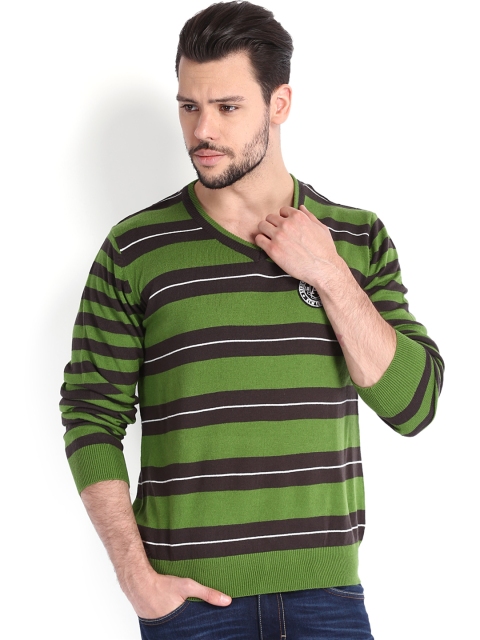 Arrow Sport Men Green Striped Sweater