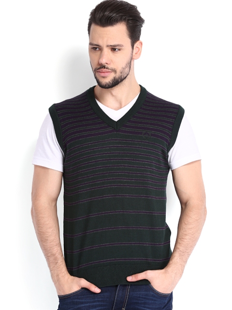 Arrow Sport Men Green & Purple Striped Woollen Sweater