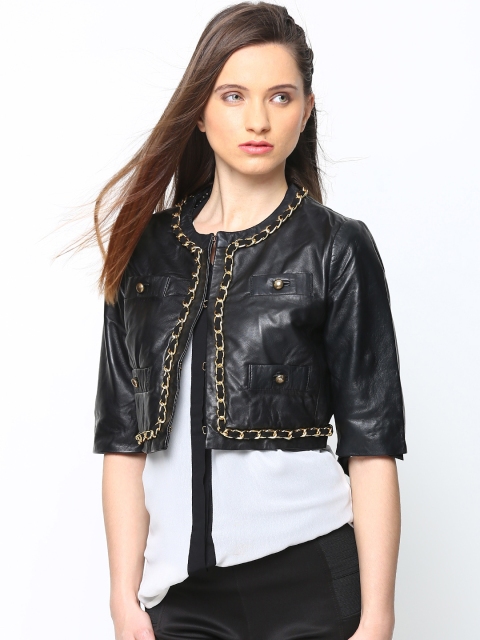 BARESKIN Women Black Leather Cropped Jacket