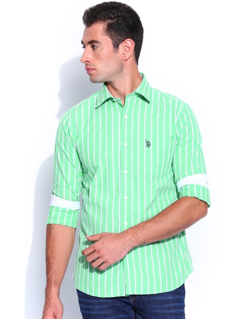 U.S. Polo Assn. Men Green Striped Tailored Fit Casual Shirt