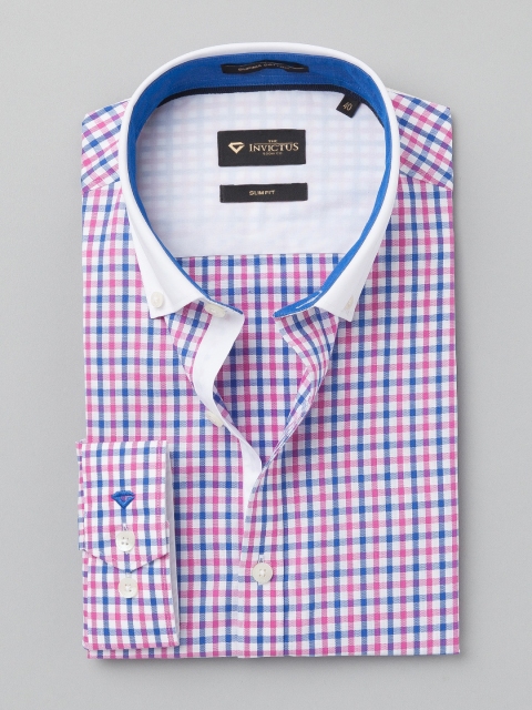 INVICTUS Supima Men White & Pink Slim Fit Checked Semiformal Shirt