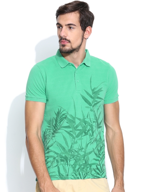 United Colors of Benetton Men Green Printed Polo T-shirt