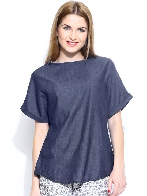 Tokyo Talkies Women Navy Denim Top, Navy blue