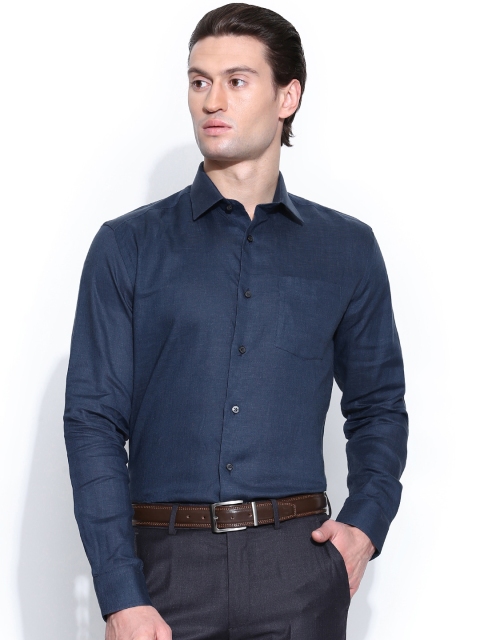 Blackberrys Men Navy Slim Fit Linen Semiformal Shirt, Navy blue