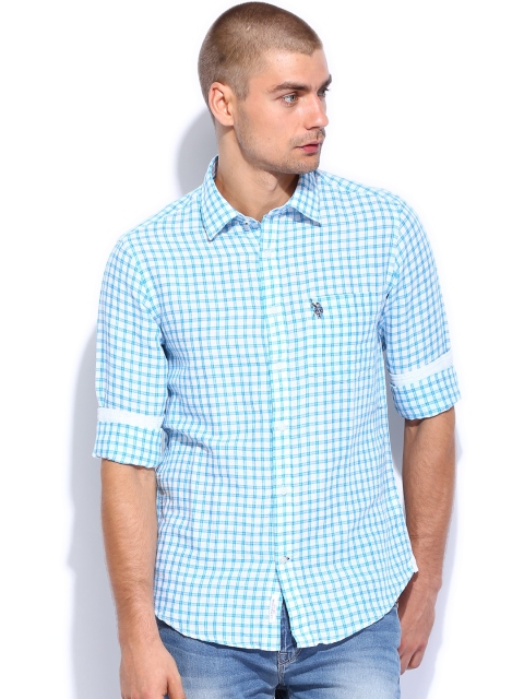 U.S. Polo Assn. White & Blue Checked Linen Tailored Fit Casual Shirt
