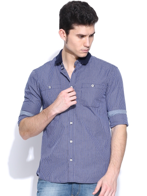 Celio Blue & White Checked Slim Fit Casual Shirt
