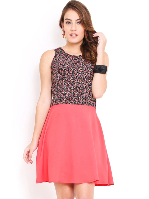 Trend Arrest Pink & Black Printed Fit & Flare Dress
