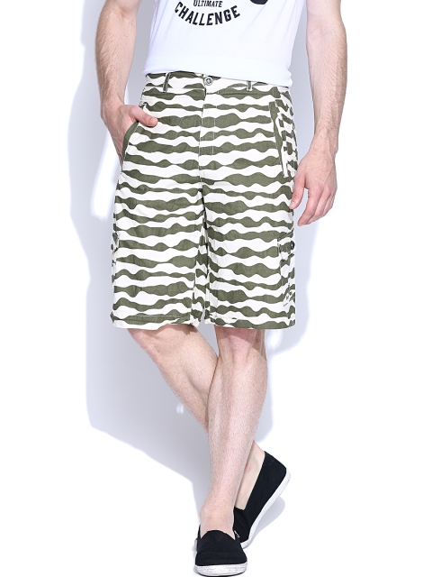 Pure Play Olive Green & Off-White Printed Cargo Shorts