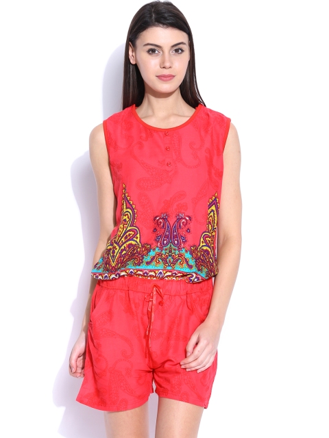 SDL by Sweet Dreams Coral Red Printed Playsuit