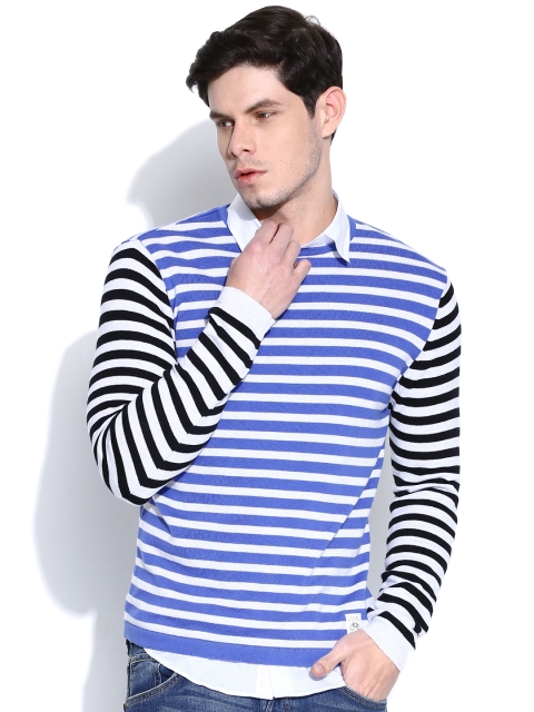 United Colors of Benetton Men Blue & Off-White Striped Sweater
