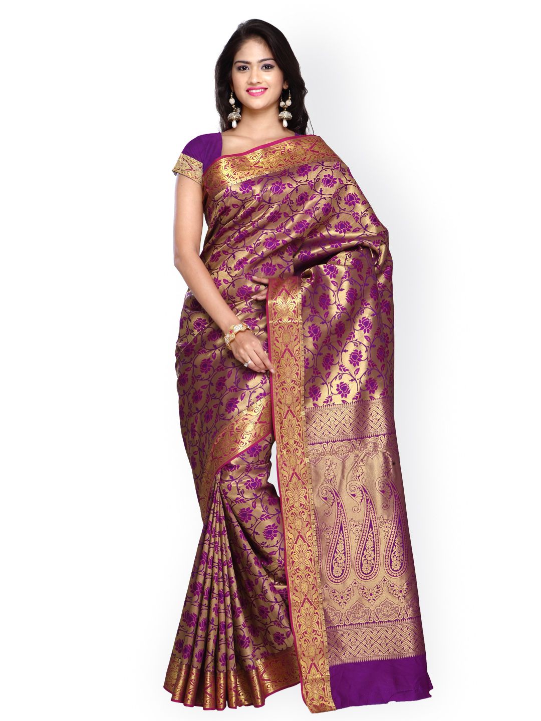 Varkala Silk Sarees Purple & Gold-Toned Brocade & Art Silk Traditional Saree Price in India