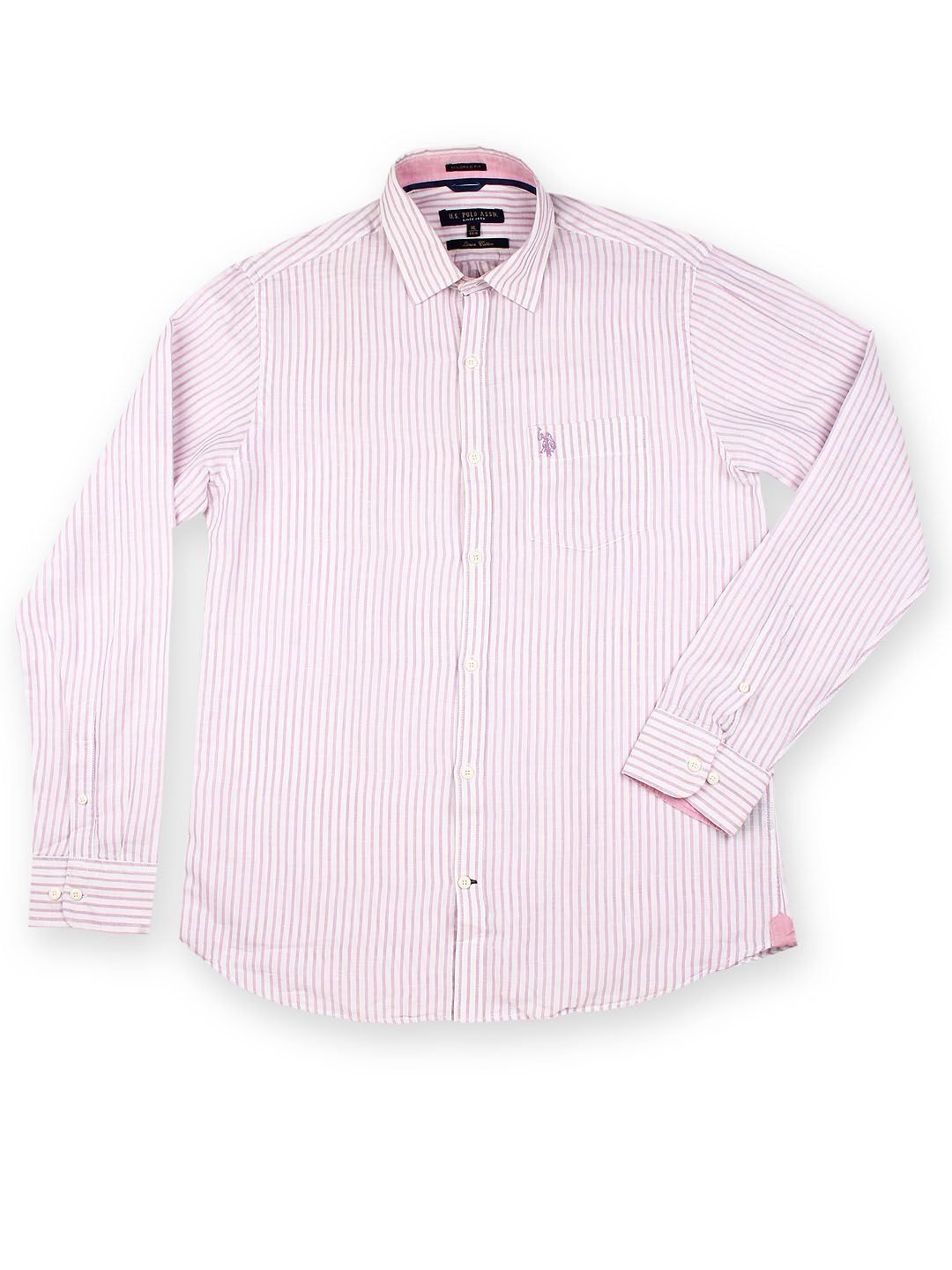 U.S. Polo Assn. Men Lavender & White Striped Linen Tailored Fit Smart Casual Shirt