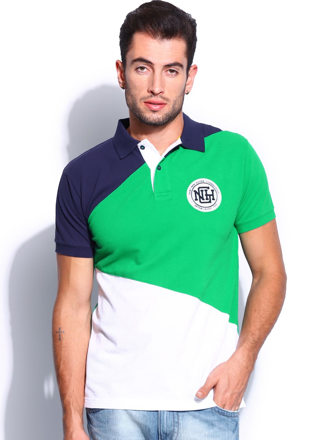 GANT Men Green & White Panelled Pique Polo T-shirt