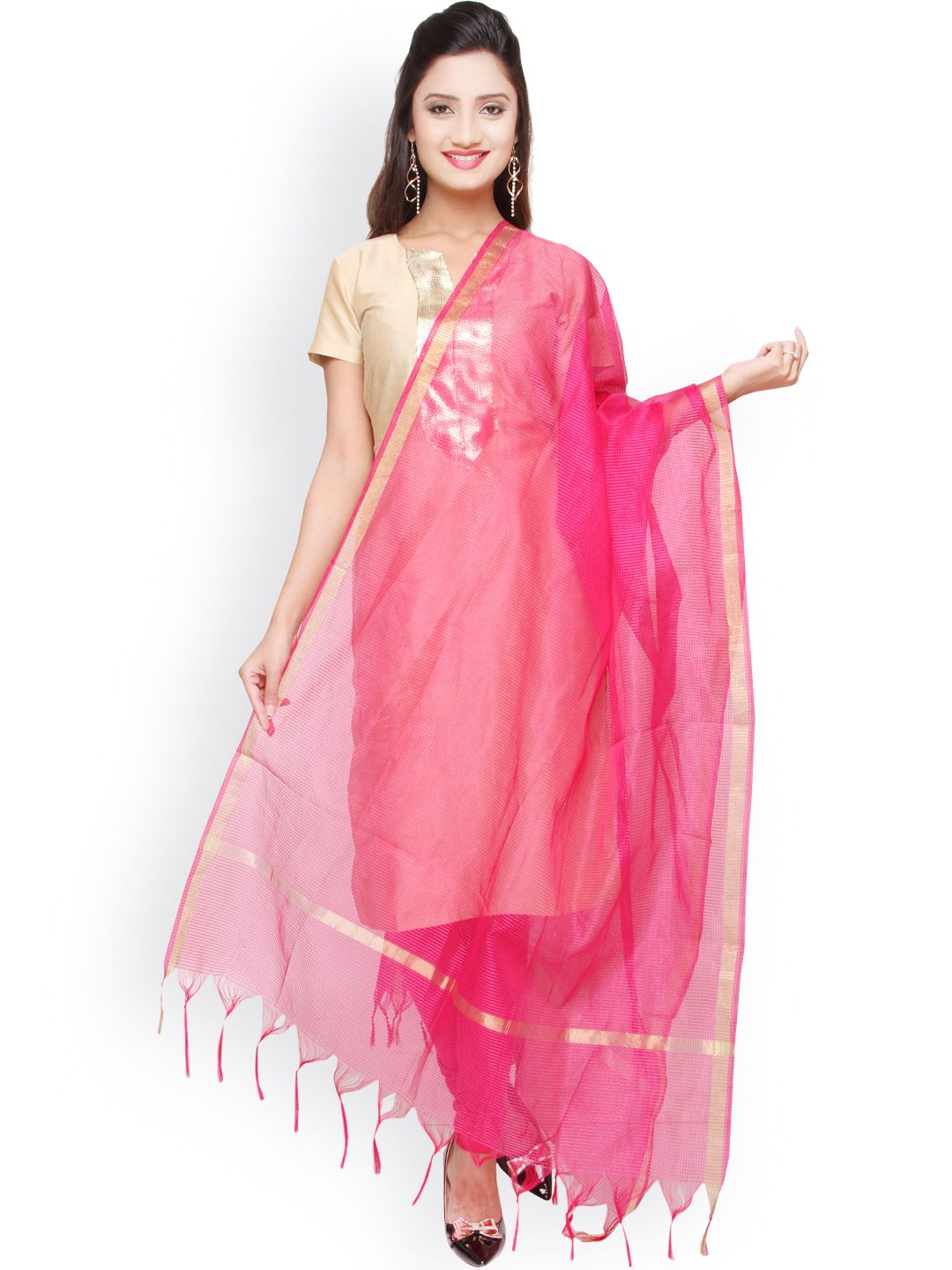 Dupatta Bazaar Women Pink Cotton Silk Printed Dupatta Price in India