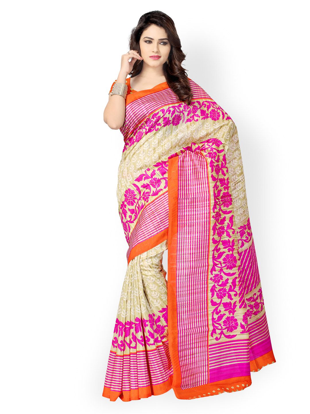 Buy Vaamsi Beige & Pink Tussar Art Silk Printed Saree ...