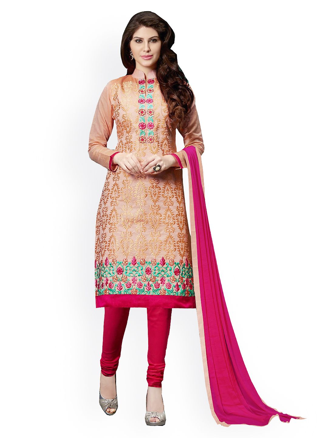 Blissta Beige & Pink Embroidered Chanderi Cotton Unstitched Dress Material Price in India