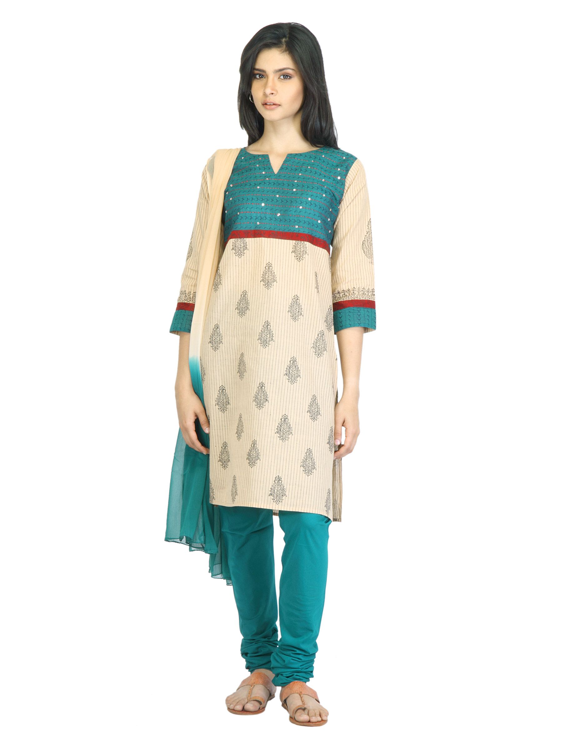 Vishudh Women Beige & Green Printed Churidar Kurta with Dupatta