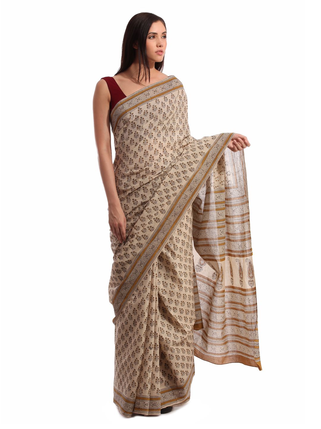 Fabindia Beige Jaipur Print Cotton Sari