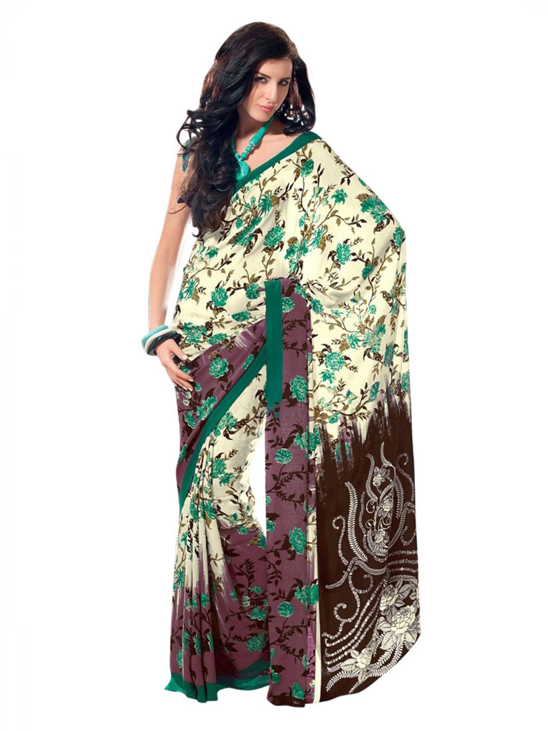 Prafful Cream & Purple Printed Sari