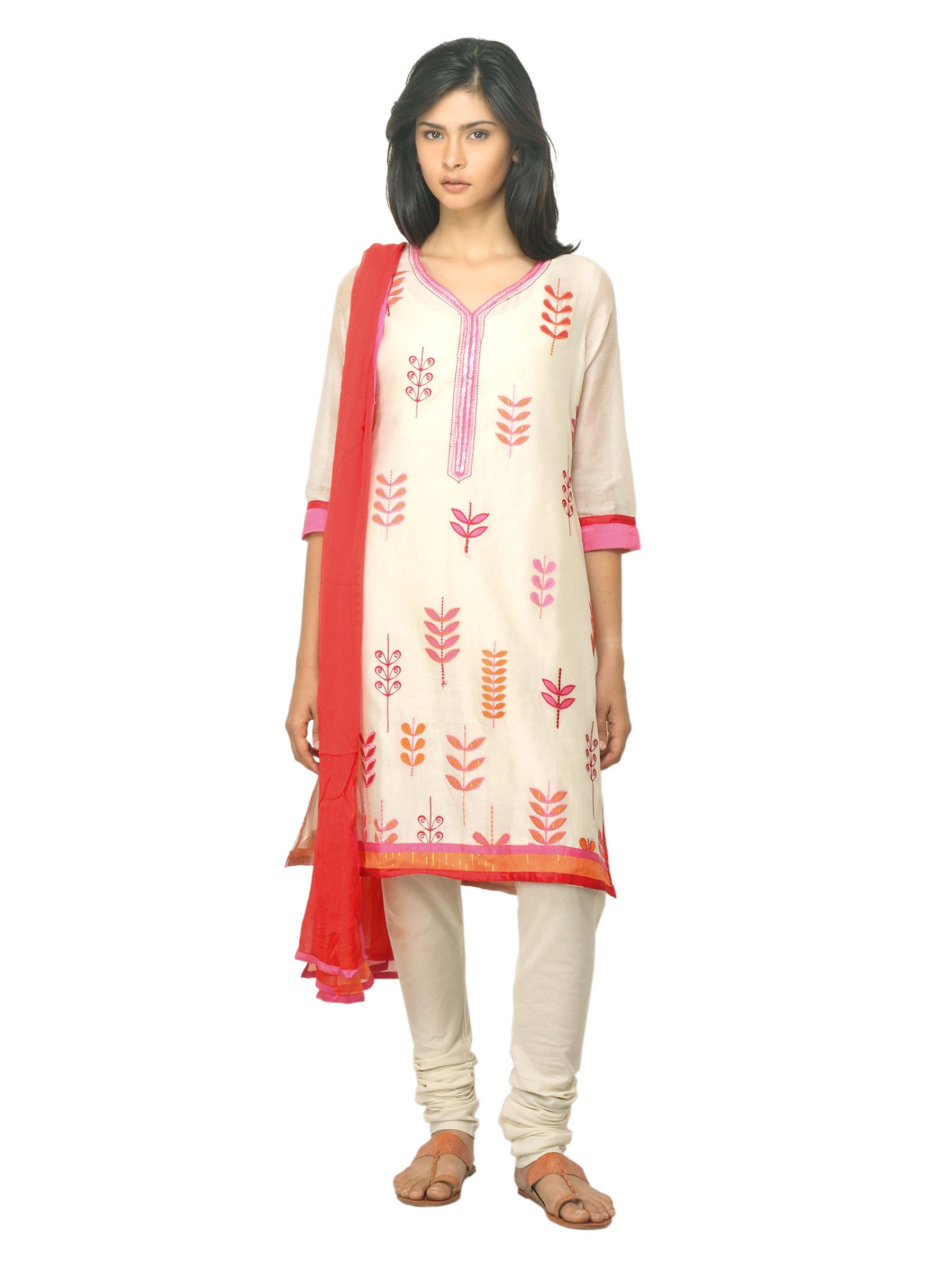 Biba Women Cream-Coloured Embroidered Churidar Kurta with Dupatta