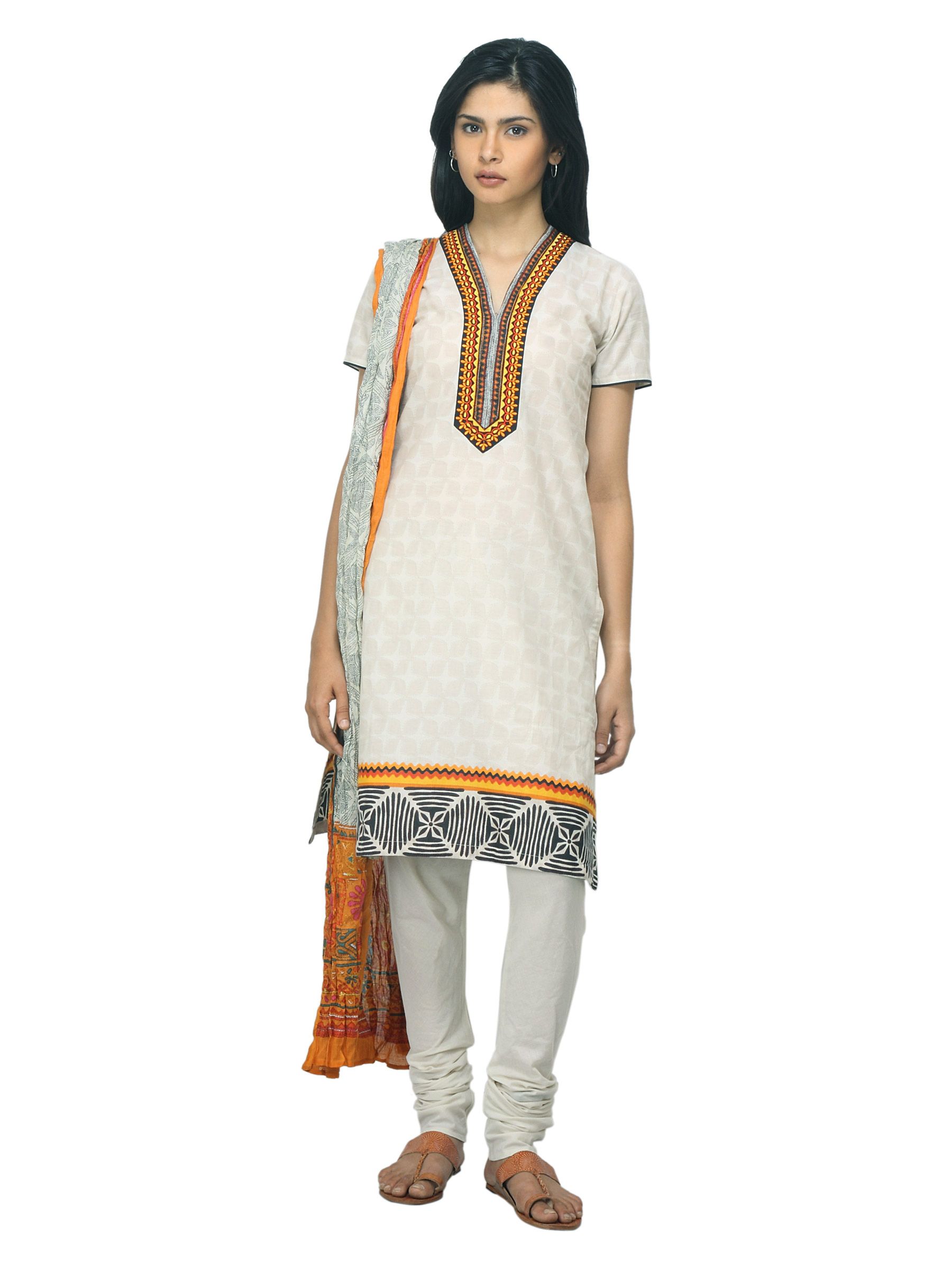 Biba Outlet Women Cream-Coloured Printed  Churidar Kurta with Dupatta