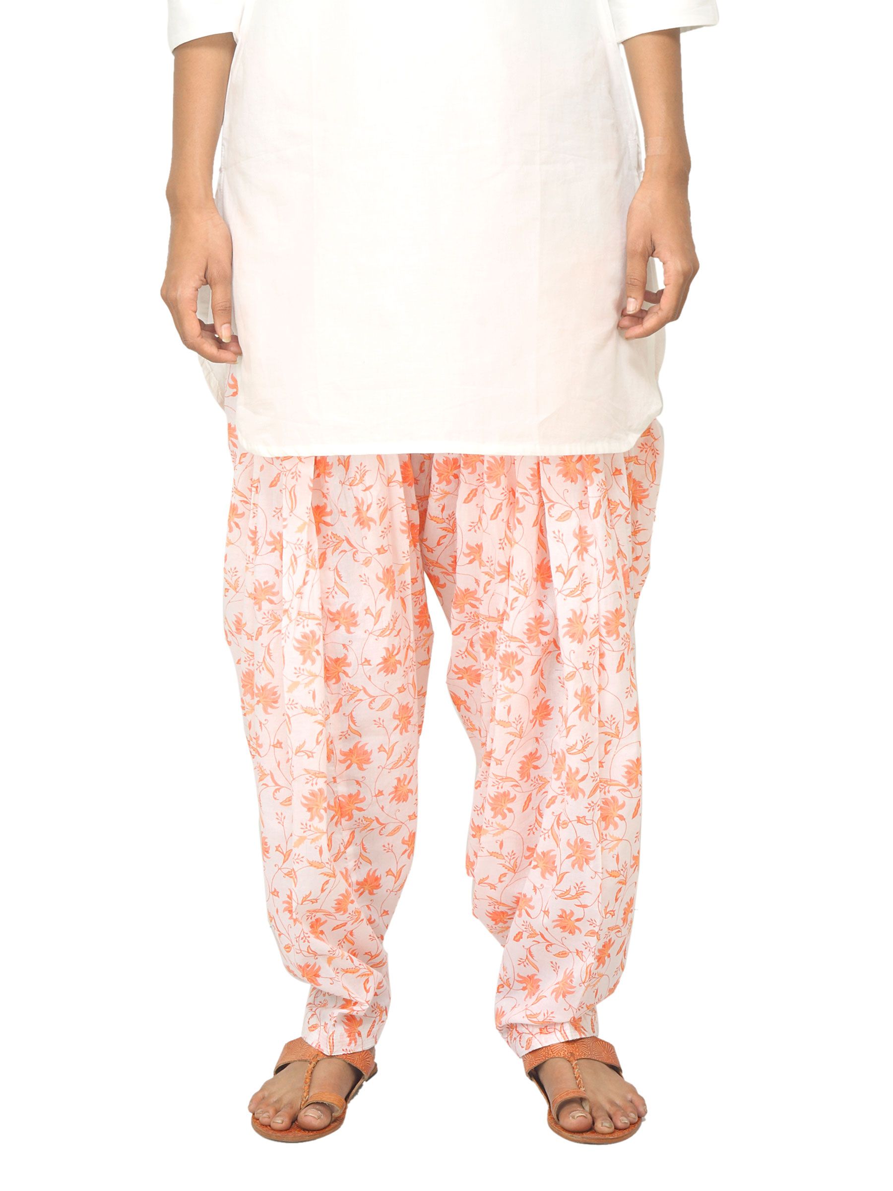 Fabindia Women Printed White & Orange Patiala