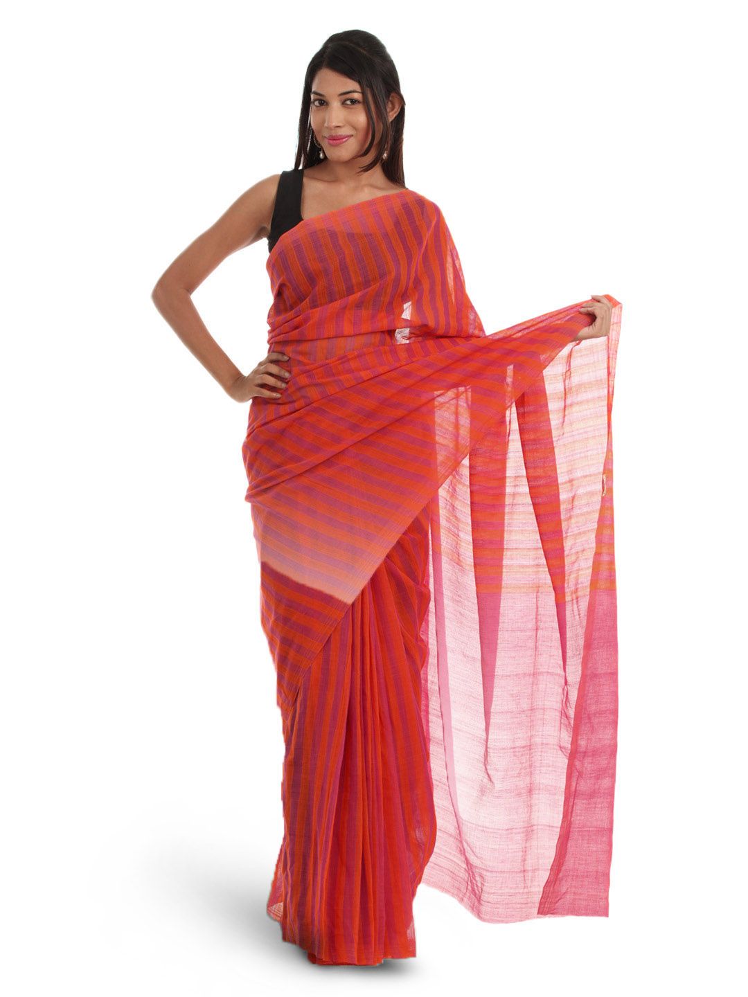 Fabindia Magenta & Orange Striped Saree Mangalgiri Saree