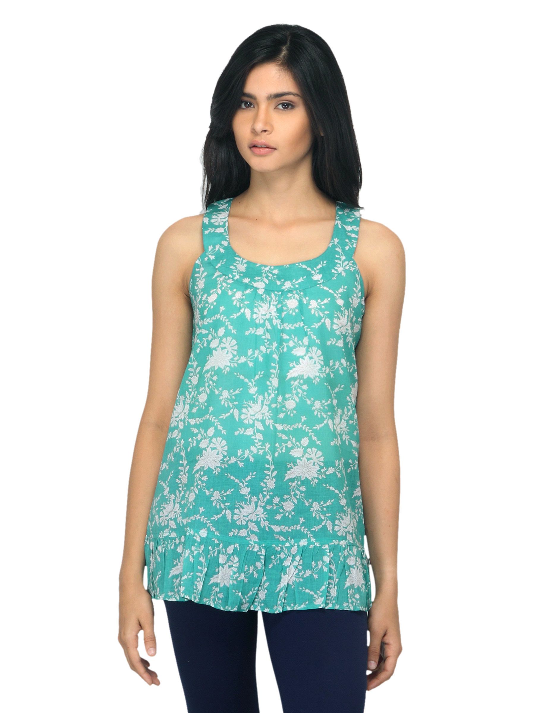 Fabindia Women Printed Turquoise Blue Top