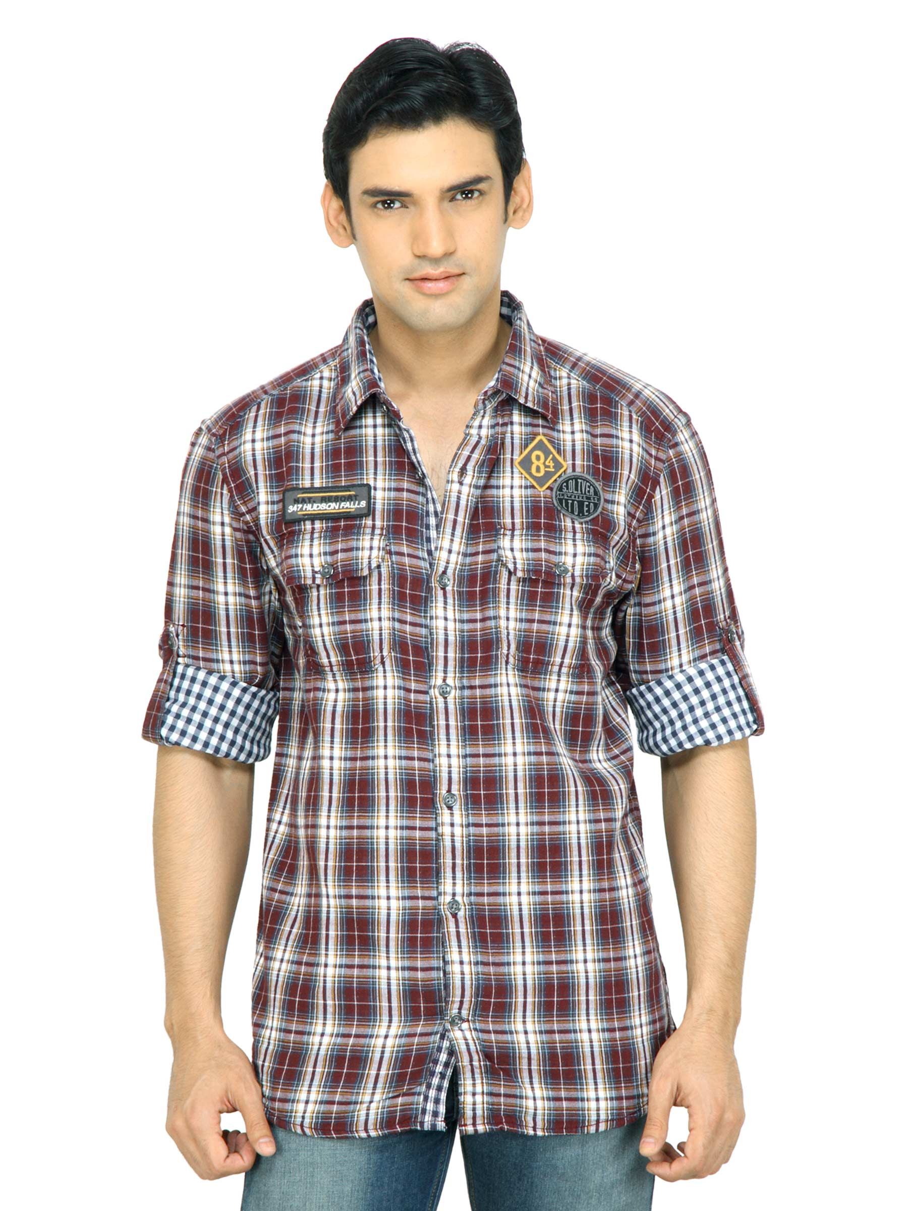 s.Oliver Men Check Maroon Shirt