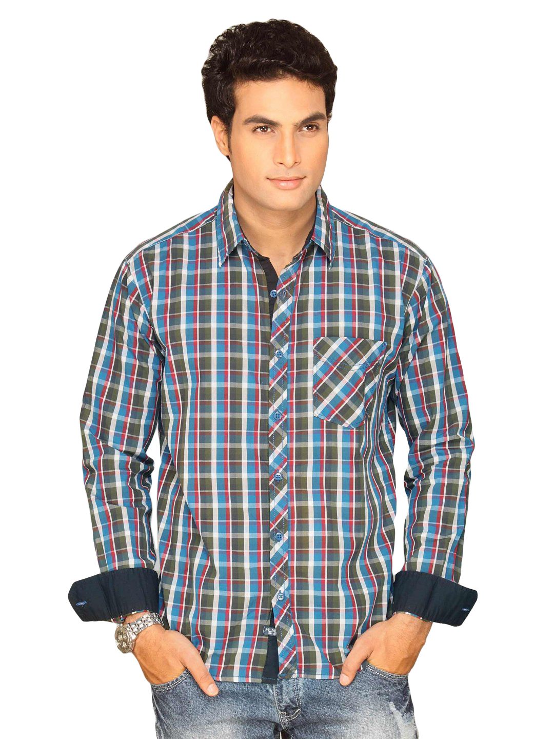 Highlander Men Blue White Checked Slim Fit Shirt