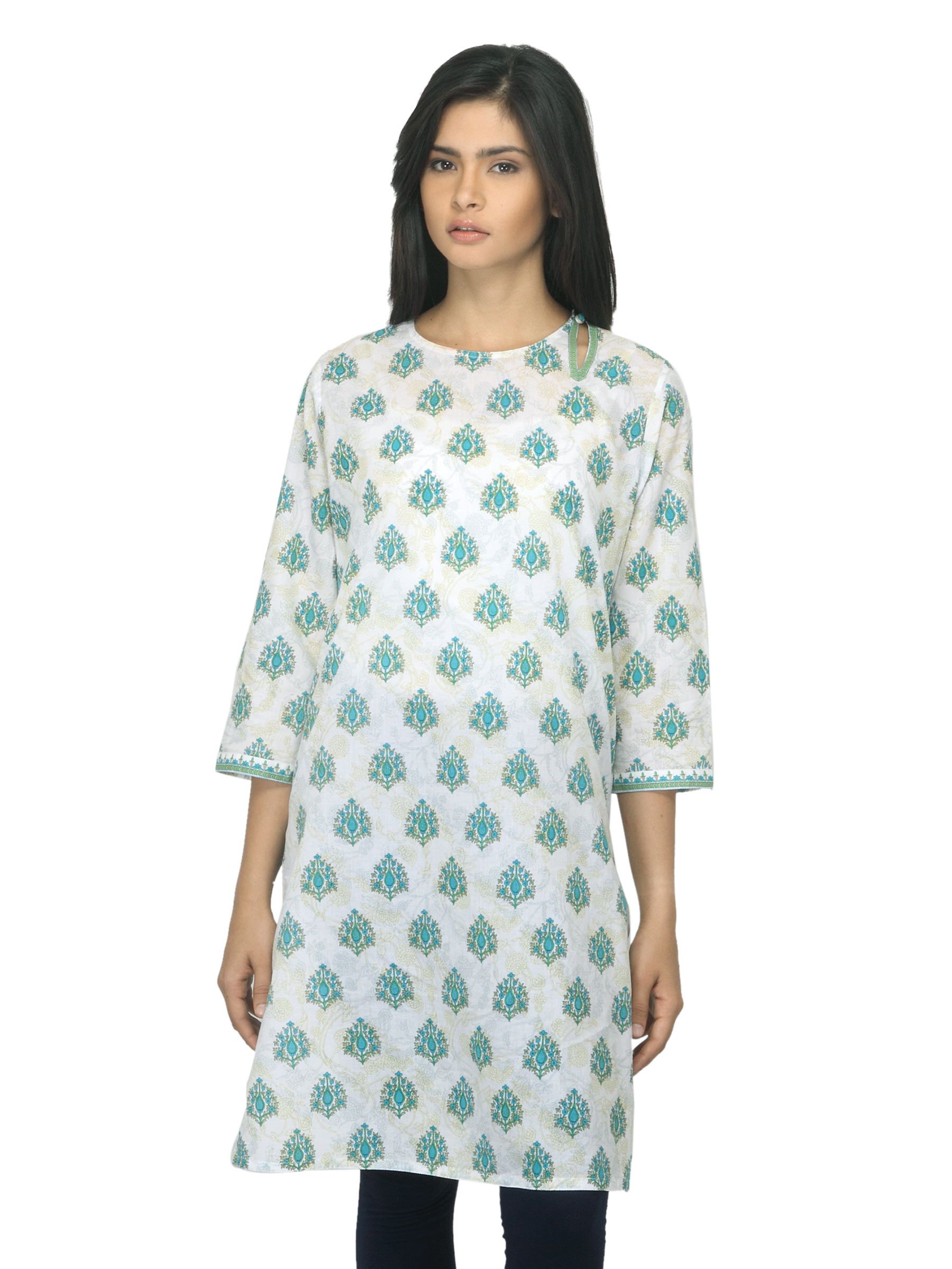 Fabindia Women Printed White & Blue Kurta