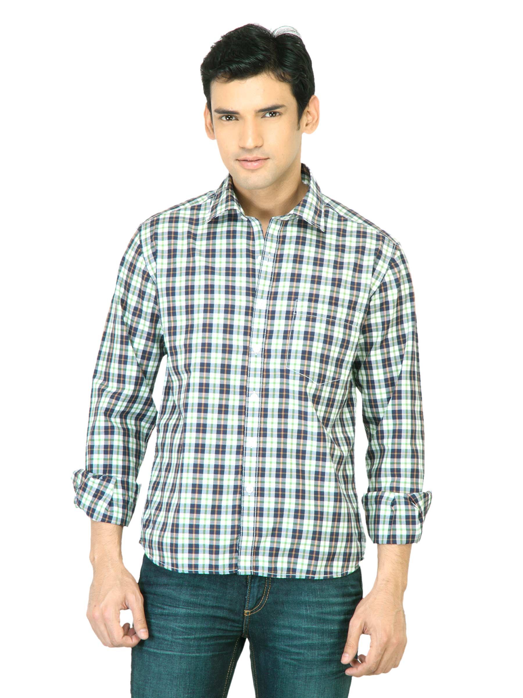 John Players Men Check Green Shirt