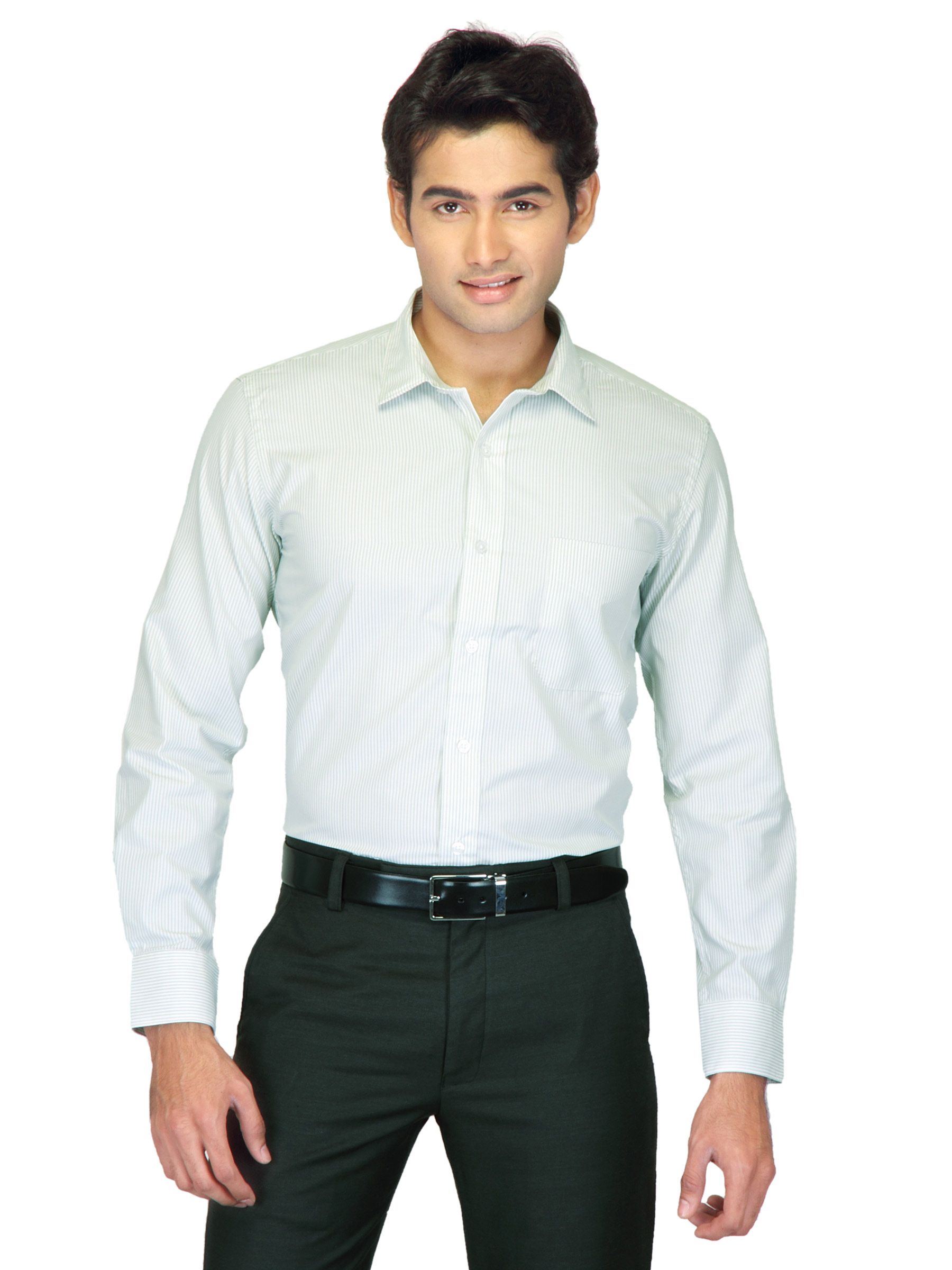 Mark Taylor Men White Green Striped Shirts