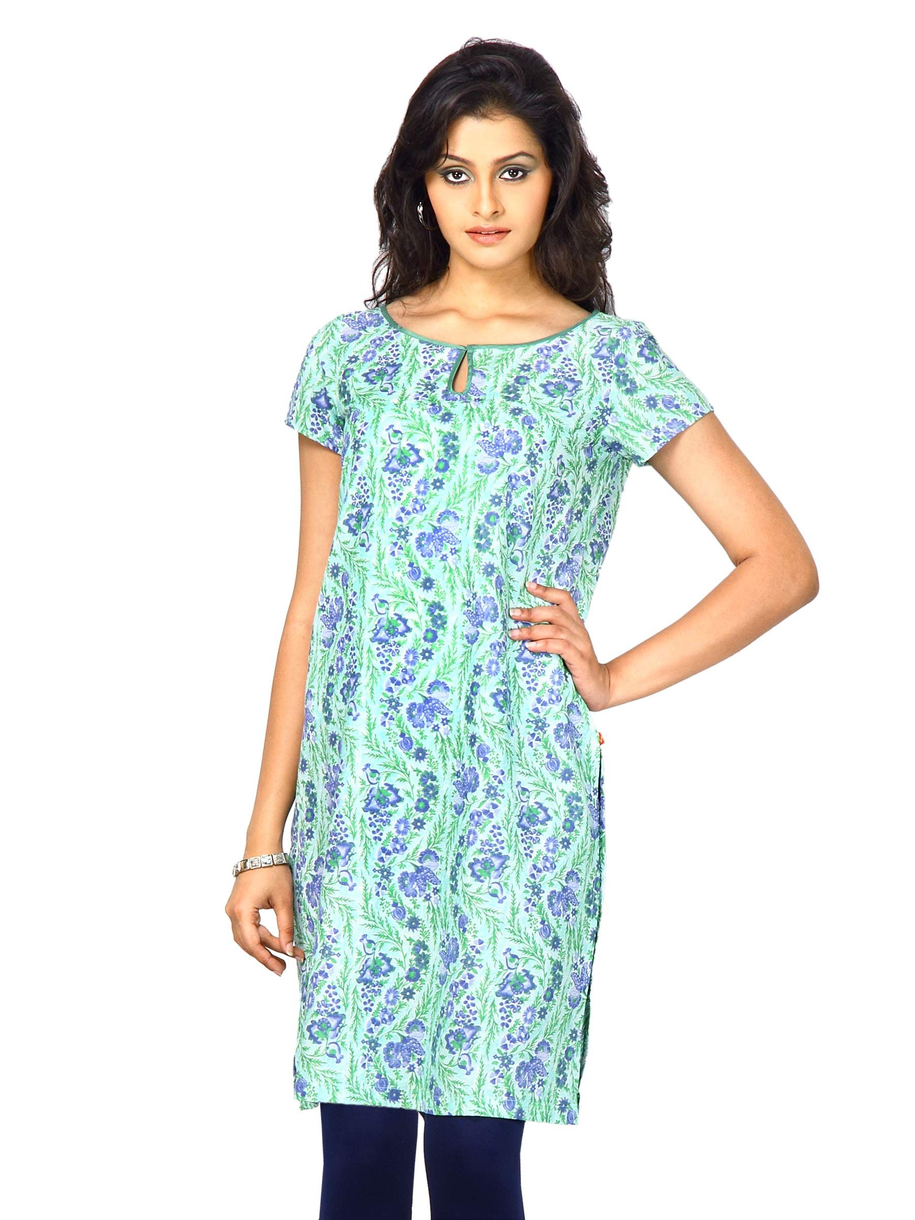W Women U Neck Short Sleeve Lavender Green Kurta