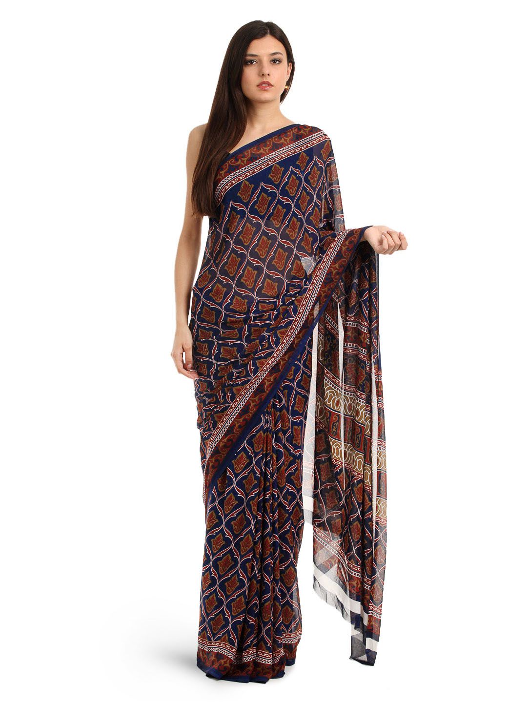 Prafful Navy & Brown Georgette Printed Saree