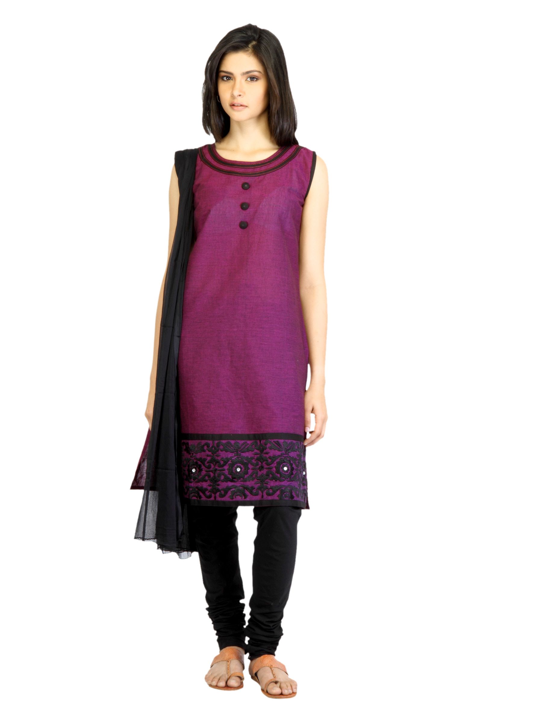 Vishudh Women Magenta & Black Churidar Kurta with Dupatta
