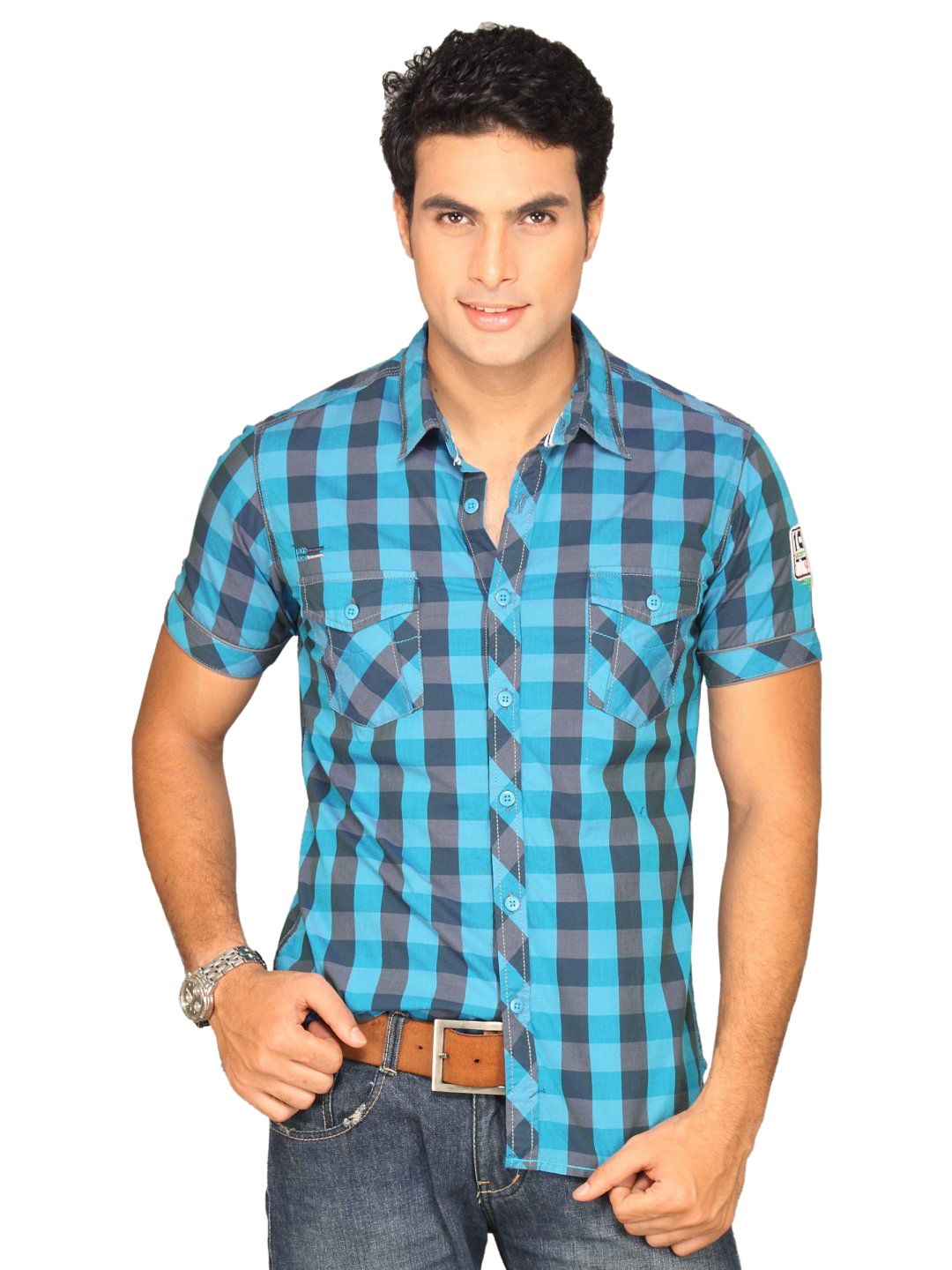 Locomotive Men Blue Black Grey Checked Shirt