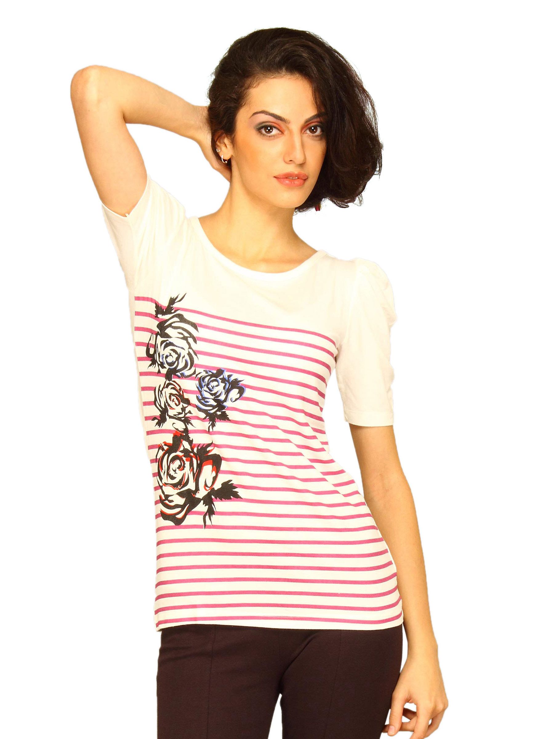 Jealous 21 Women White Flower Top Purple Stripes Top