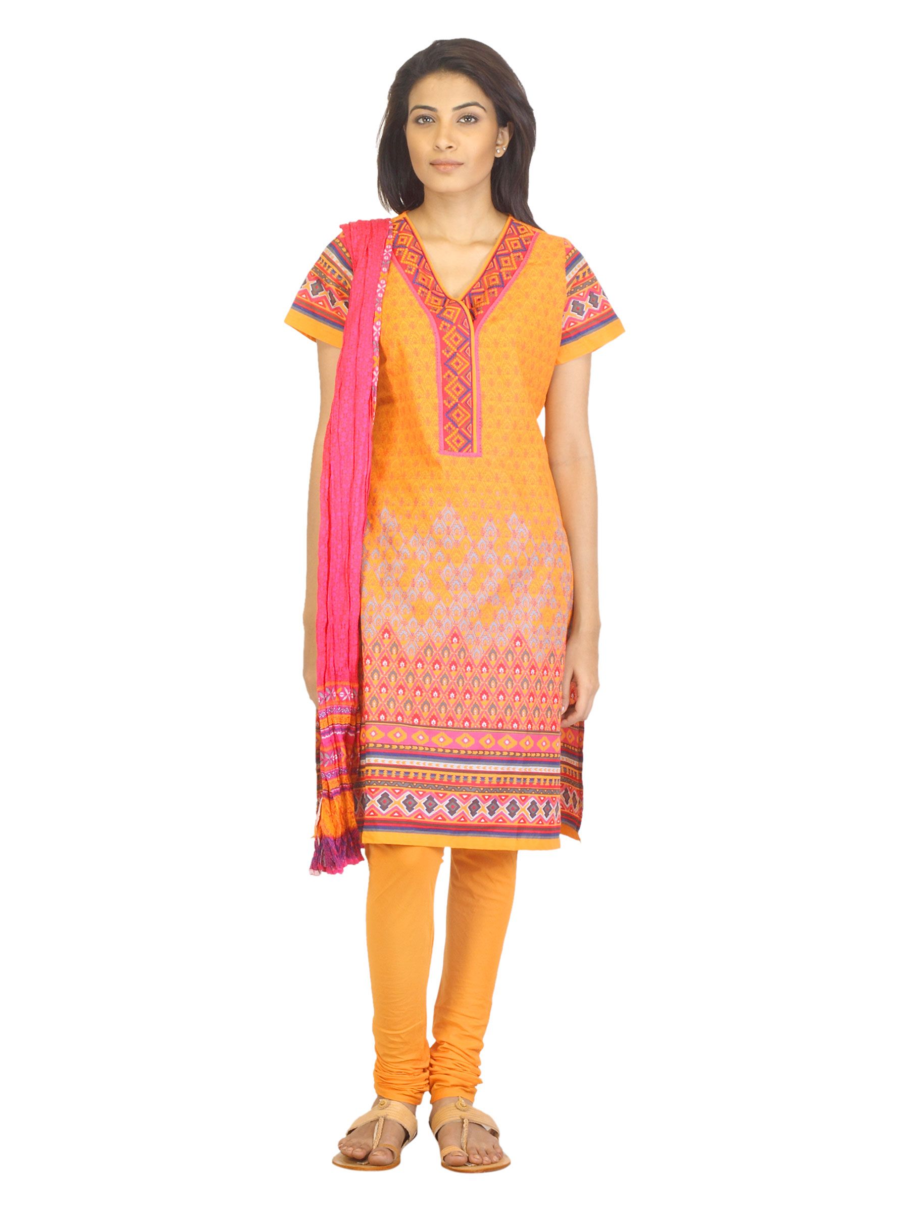 Biba Outlet Women Orange Printed Churidar Kurta with Dupatta