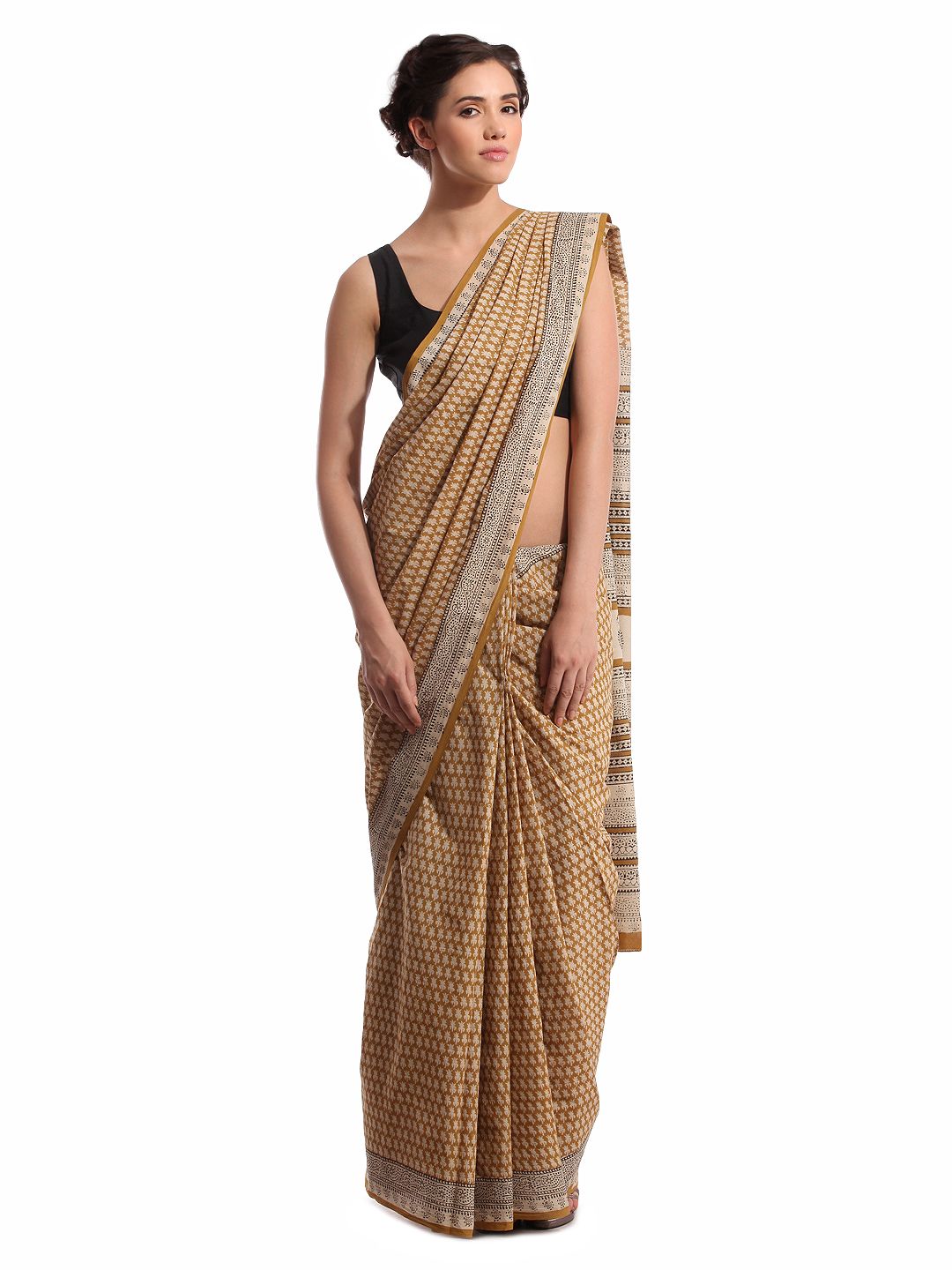 Fabindia Beige Jaipur Print Cotton Sari