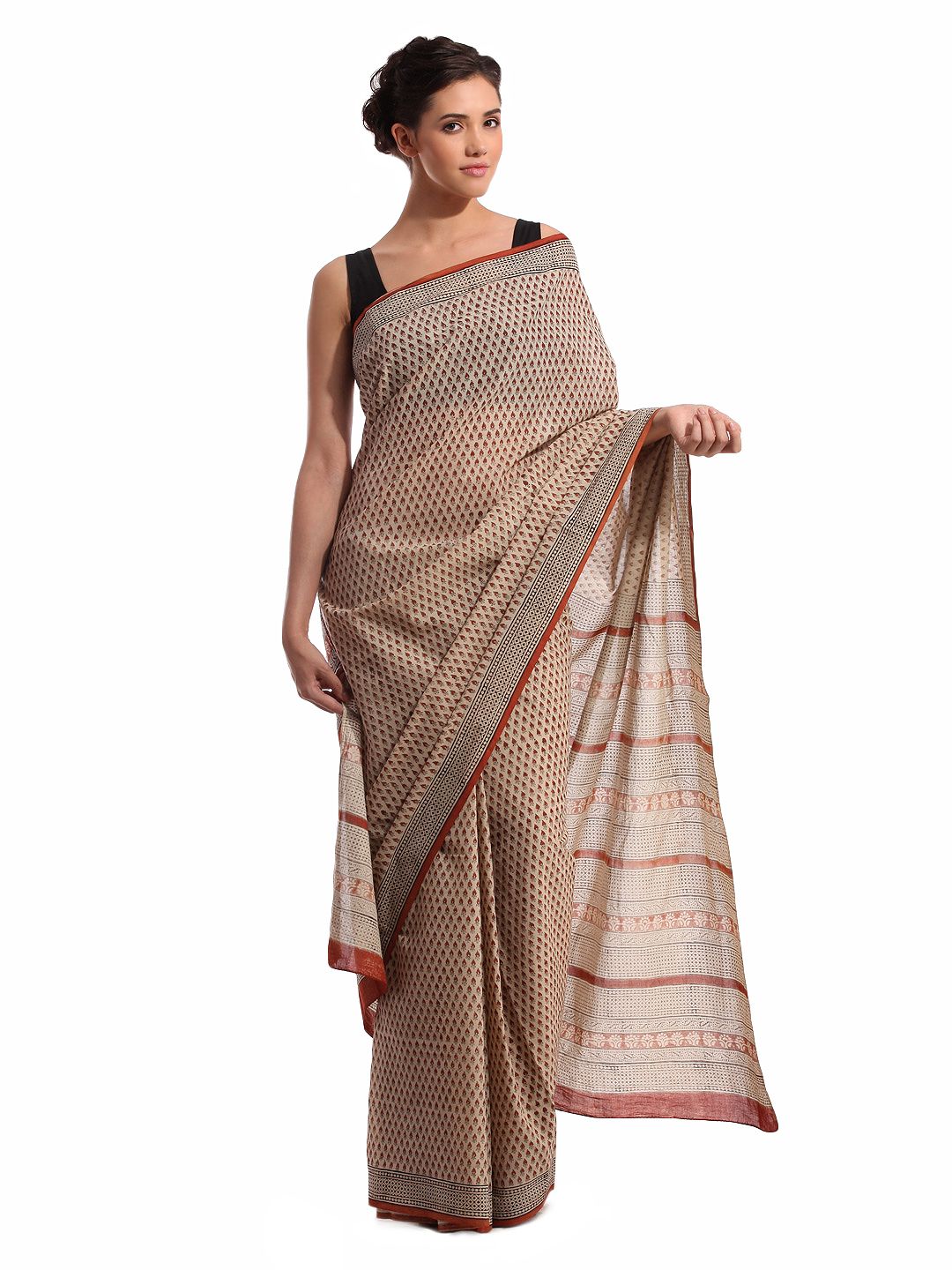Fabindia Beige Jaipur Print Cotton Sari
