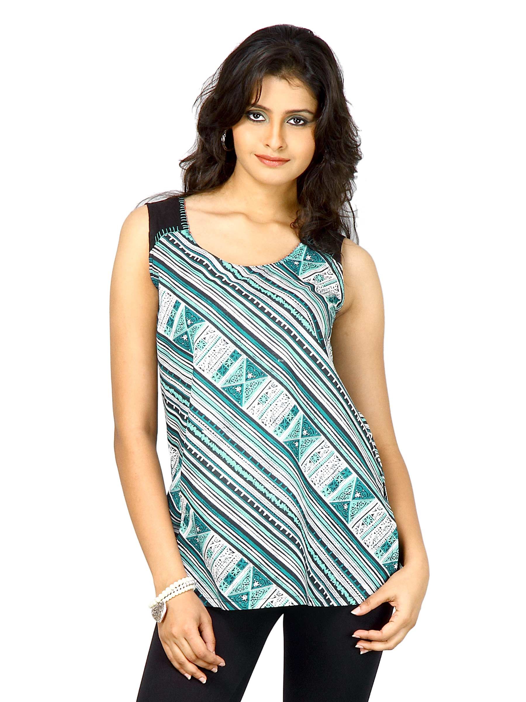 W Women's Deep U Neck Sleeveless White Black Top