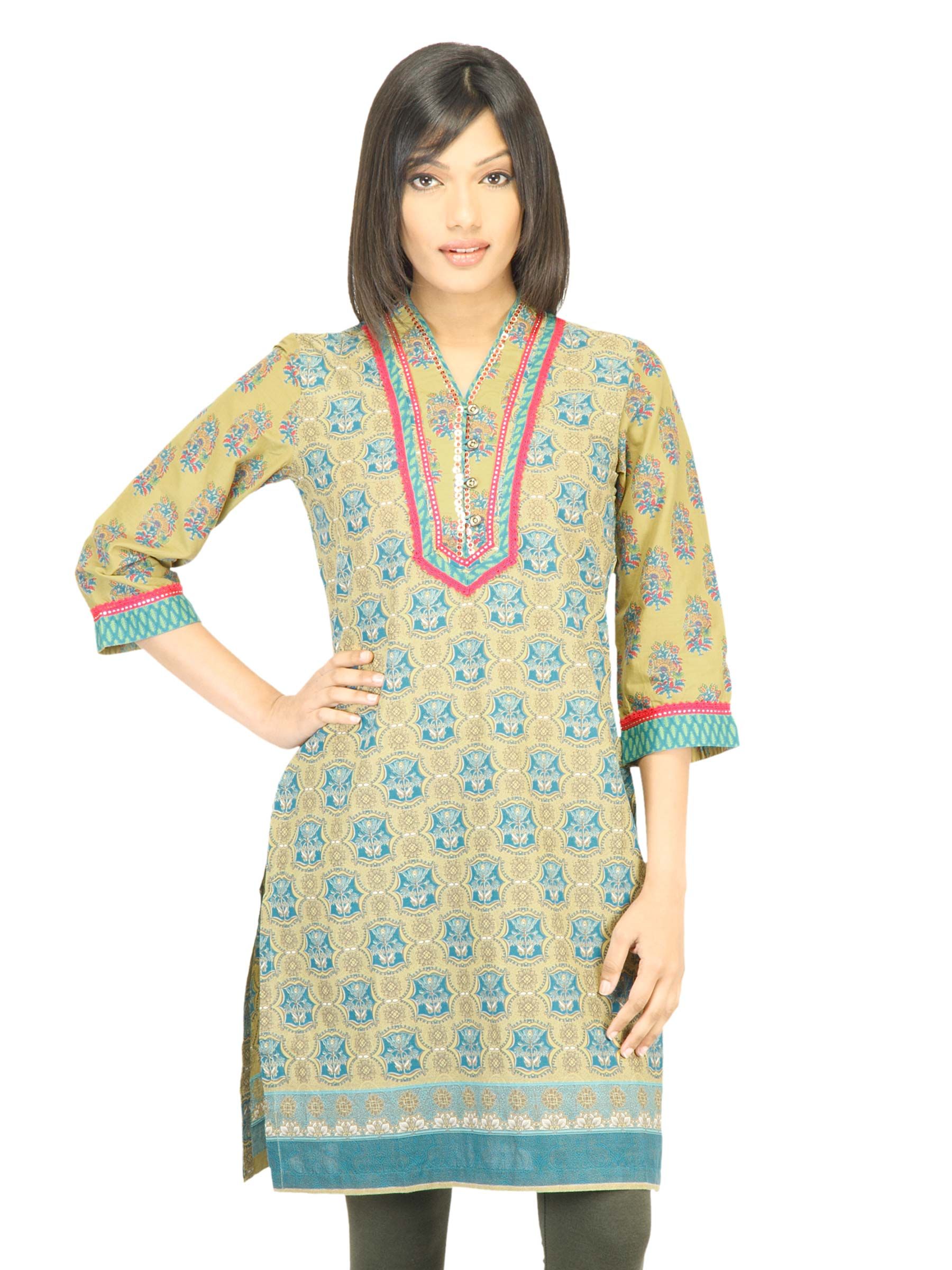 BIBA Women Printed Olive Green Kurta