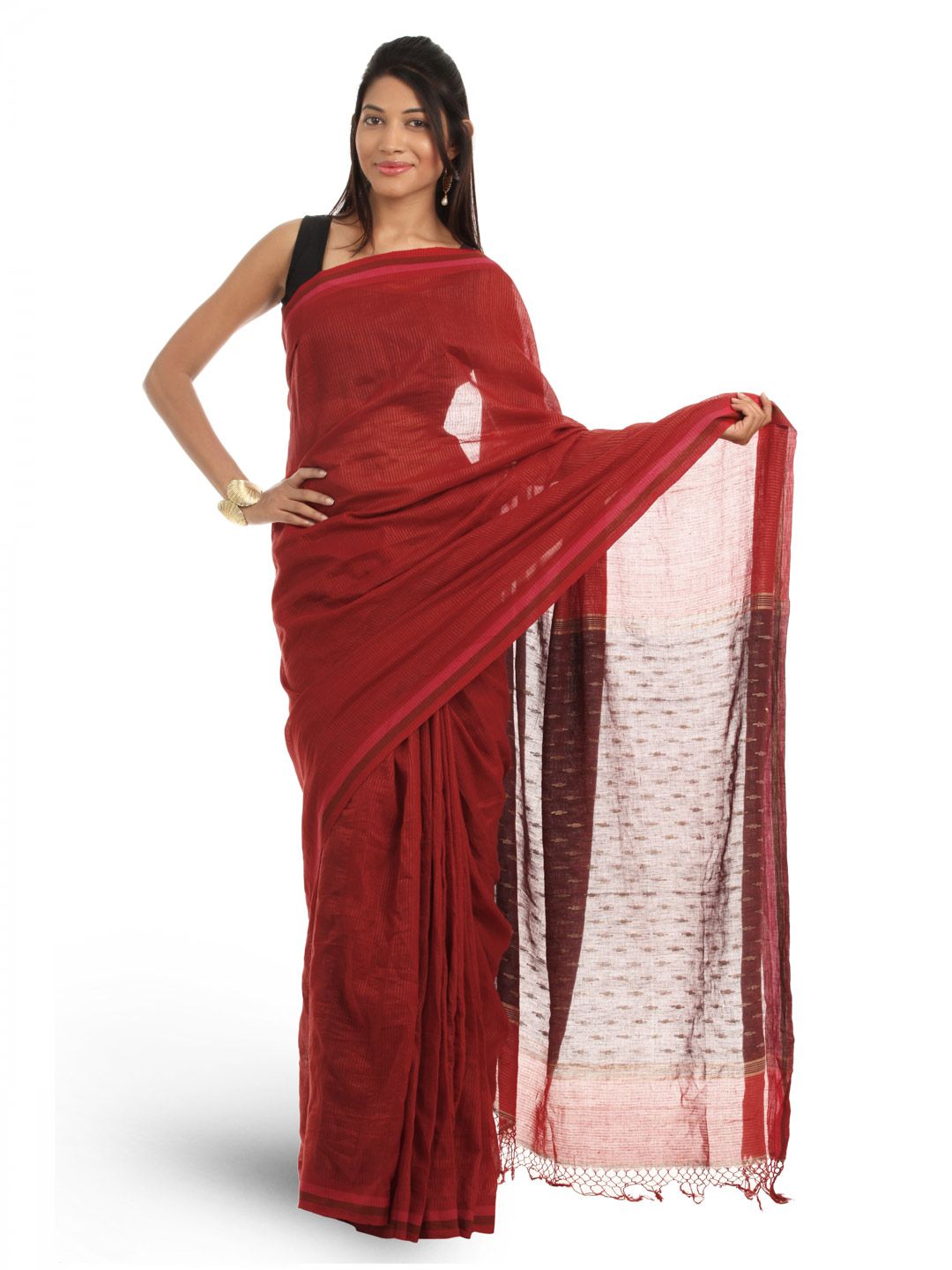 Fabindia Red Self-Striped Saree