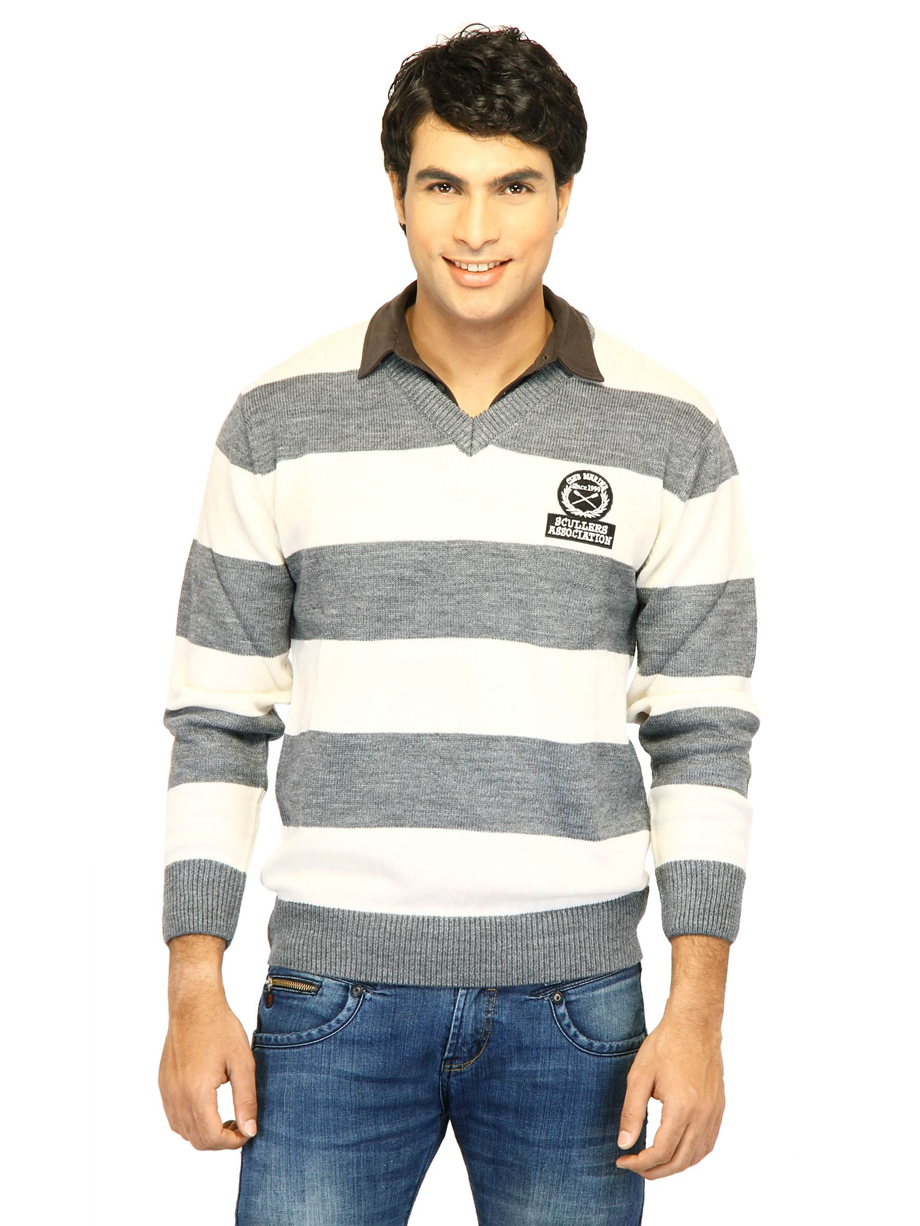 Scullers Men Stripes Grey Sweaters