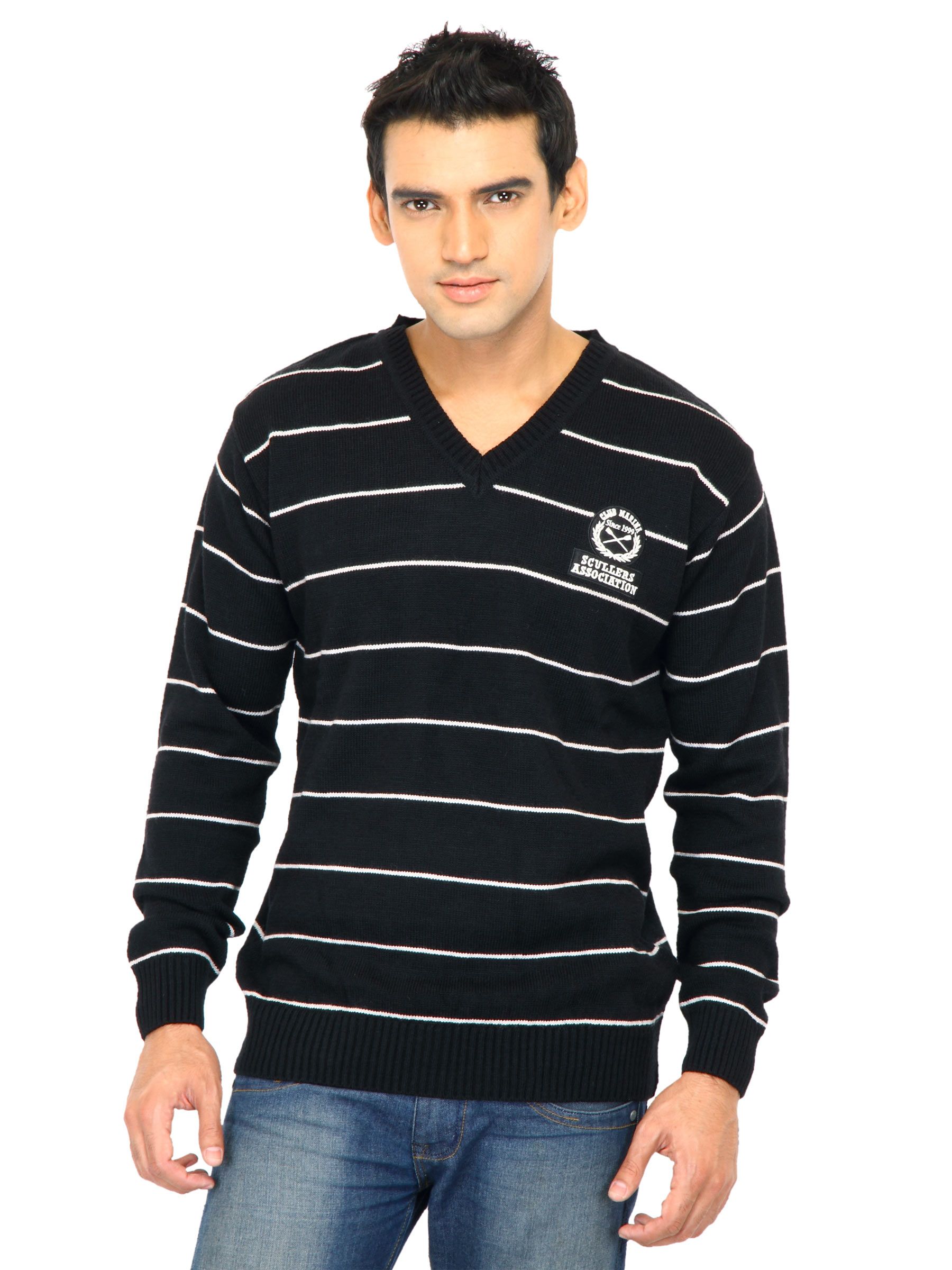 Scullers Men Stripes Black Sweaters