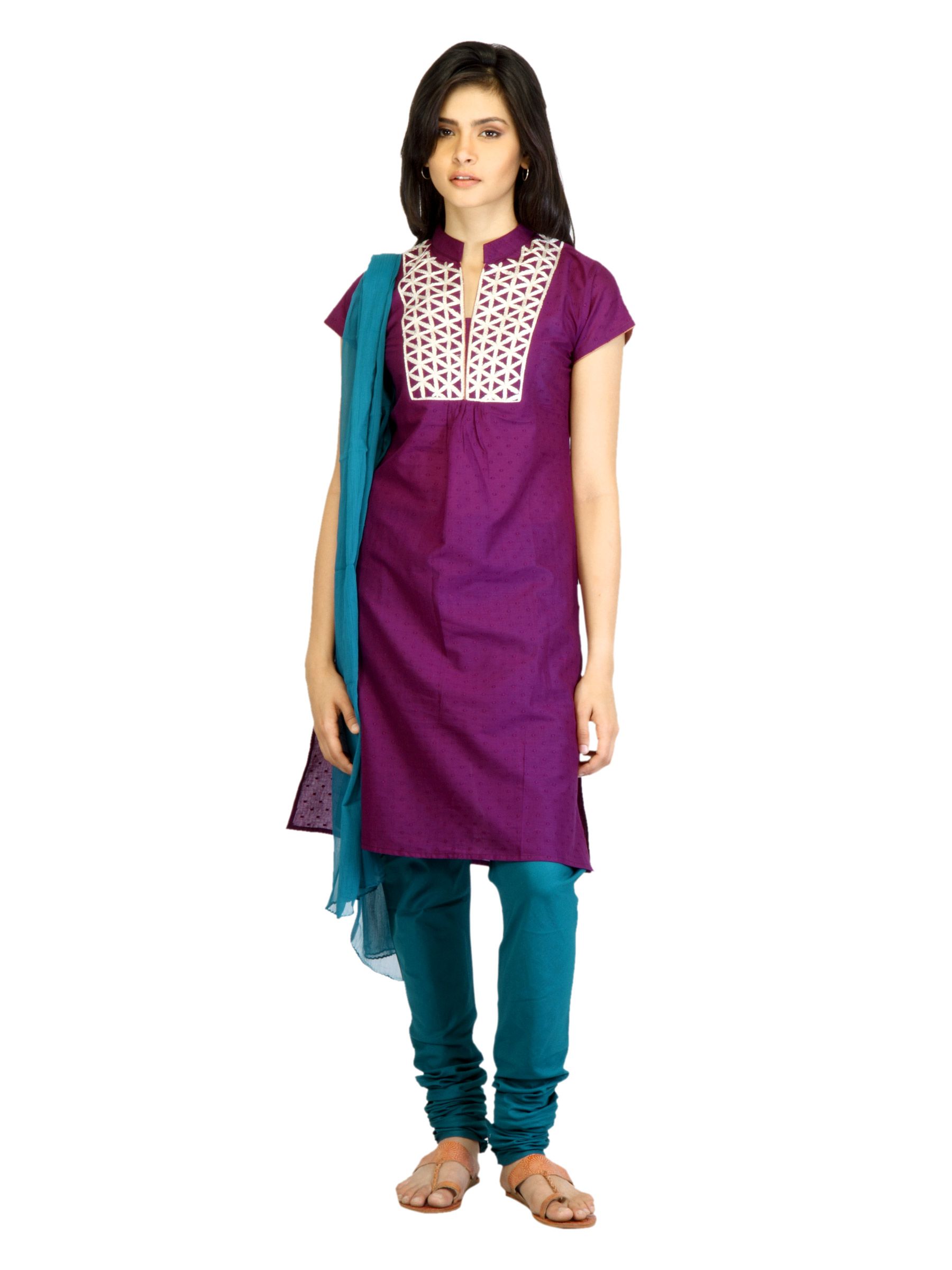 Vishudh Women Purple & Green Embriodery Churidar Kurta with Dupatta