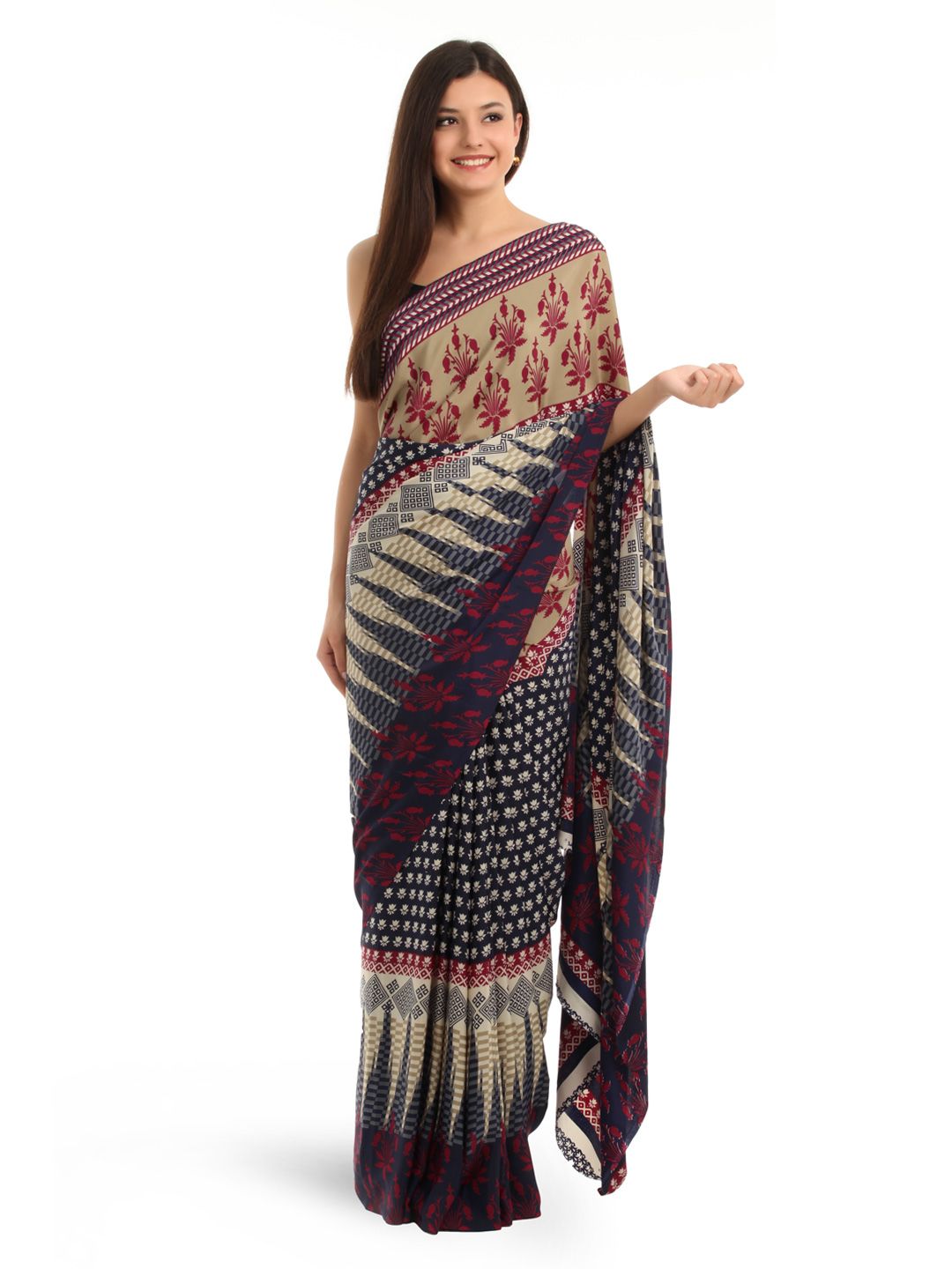 Prafful Navy Crepe Printed Saree